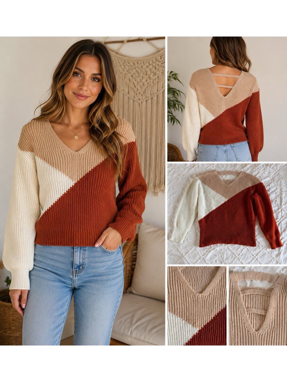 FCT With Love Medium Colorblock Knit Sweater Rust Cream Beige Cutout Back